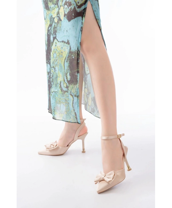 İNF-4505 Bej Saten Günlük Arkası Açık Kurdele detaylı Topuklu Bayan Ayakkabı