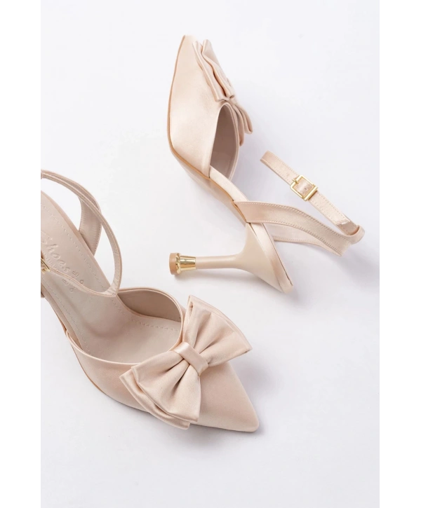 İNF-4505 Bej Saten Günlük Arkası Açık Kurdele detaylı Topuklu Bayan Ayakkabı