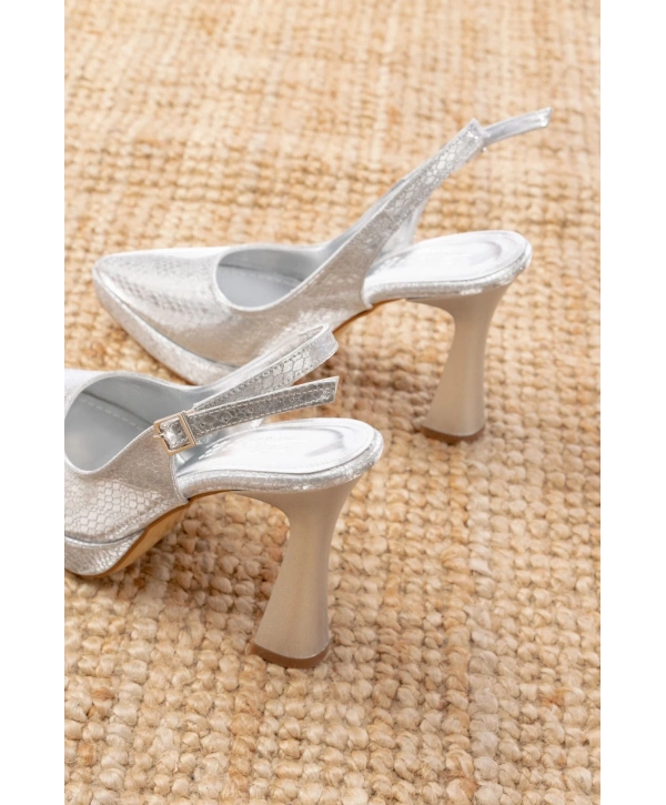 B-2101 Gümüş Günlük Arkası Açık Yılan Desenli Topuklu Bayan Ayakkabı