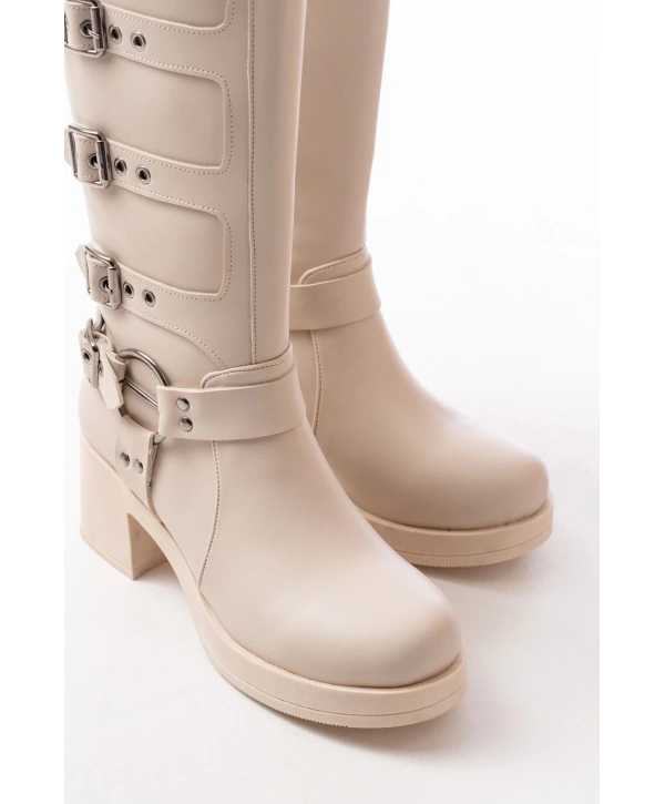 5109-3015 Bej Topuklu Fermuarlı Toka Aksesuarlı Günlük Kadın Çizme