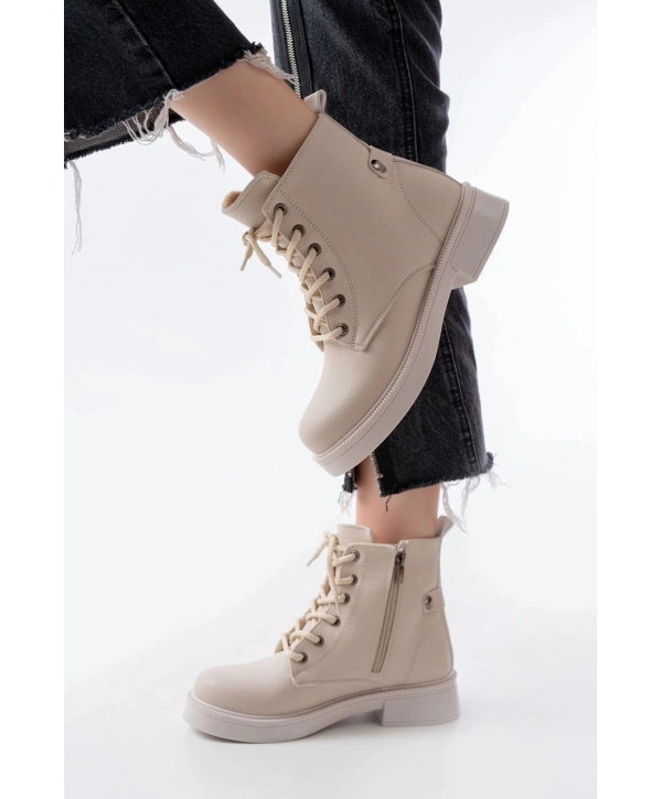 02-2003 Bej Galata Bağcıklı Fermuarlı Günlük Kadın Bot