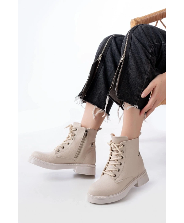 02-2003 Bej Galata Bağcıklı Fermuarlı Günlük Kadın Bot