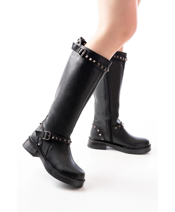 02-307 Siyah Düz Topuklu Günlük Bayan Binici Çizme