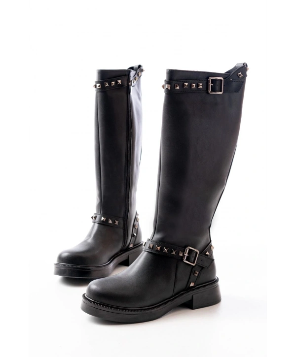 02-307 Siyah Düz Topuklu Günlük Bayan Binici Çizme