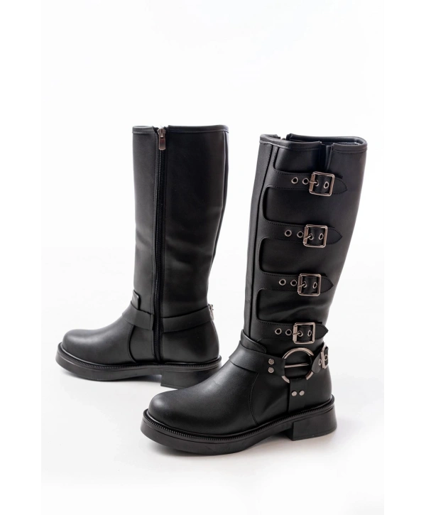 02-346 Siyah Düz Topuklu Günlük Bayan Binici Çizme