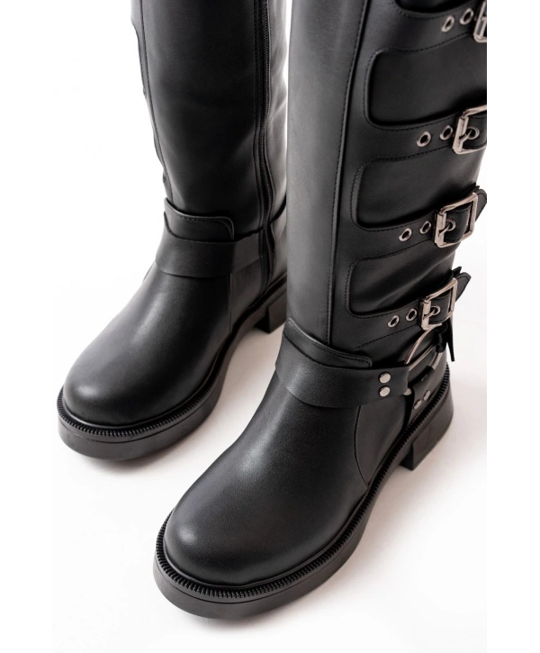 02-346 Siyah Düz Topuklu Günlük Bayan Binici Çizme