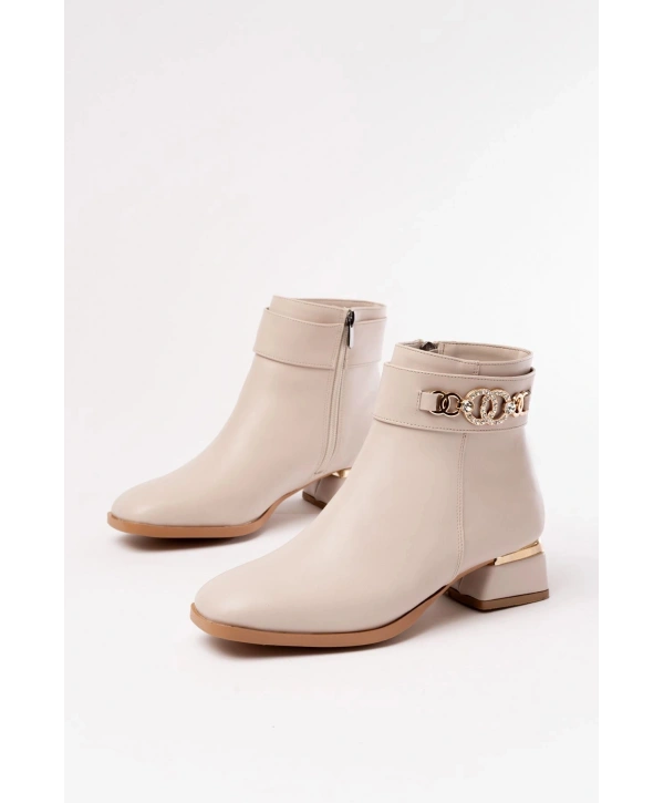 RM-502 Bej Toka Aksesuarlı Topuklu Fermuarlı Günlük Kadın Bot