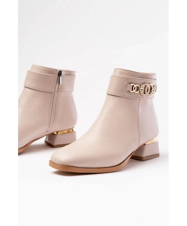 RM-502 Bej Toka Aksesuarlı Topuklu Fermuarlı Günlük Kadın Bot