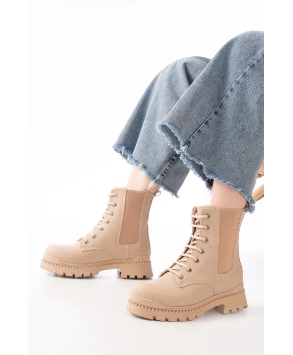 2051-298 Bej Düz Topuklu Bağcıklı Lastikli Günlük Kadın Bot