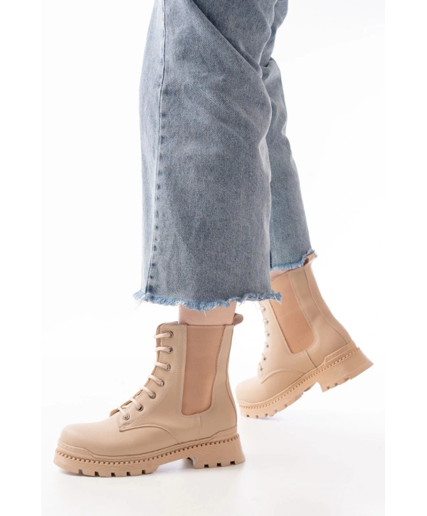 2051-298 Bej Düz Topuklu Bağcıklı Lastikli Günlük Kadın Bot