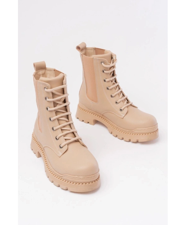 2051-298 Bej Düz Topuklu Bağcıklı Lastikli Günlük Kadın Bot