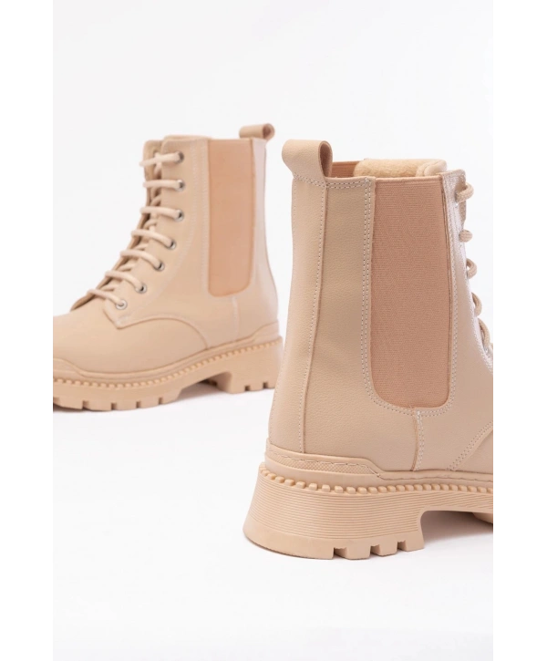 2051-298 Bej Düz Topuklu Bağcıklı Lastikli Günlük Kadın Bot