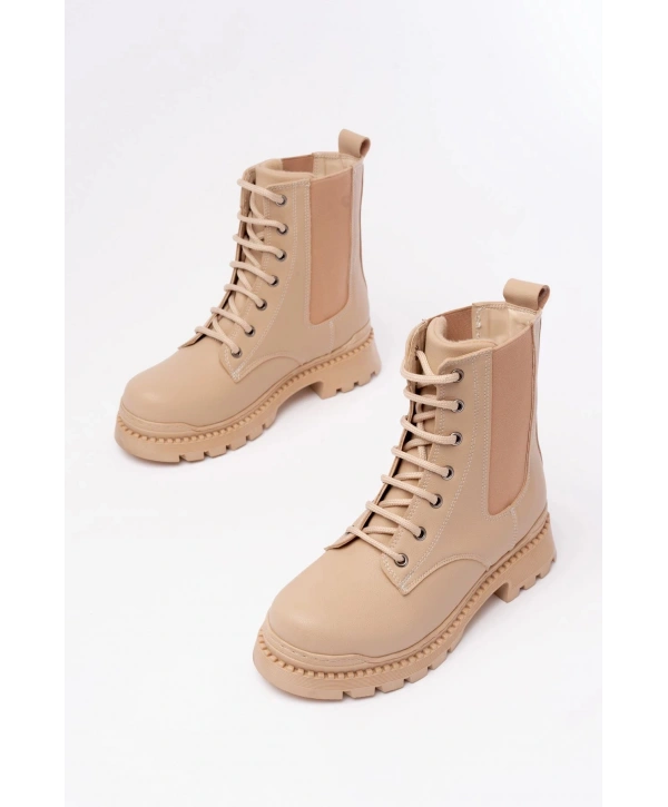 2051-298 Bej Düz Topuklu Bağcıklı Lastikli Günlük Kadın Bot