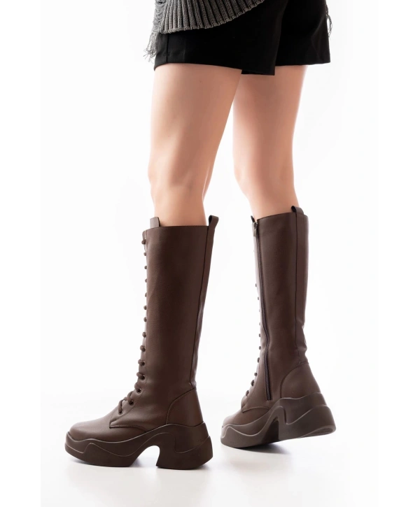 FZ-2450 Kahverengi Yüksek Tabanlı Bağcıklı Fermuarlı Günlük Kadın Çizme