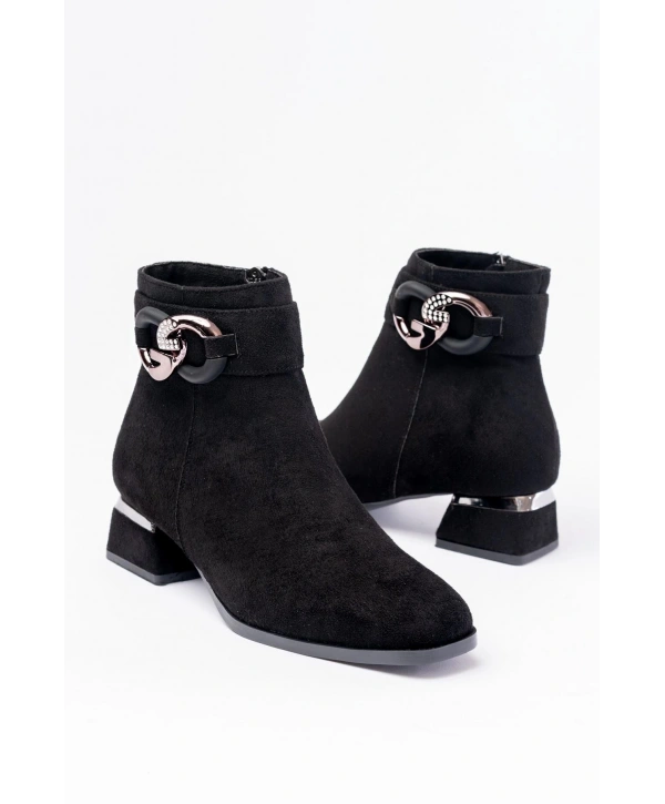 RM-504 Siyah Süet Toka Aksesuarlı Topuklu Fermuarlı Günlük Kadın Bot