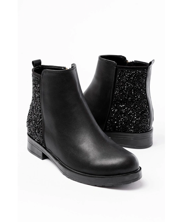 165-212 Siyah Taş Aksesuarlı Fermuarlı Günlük Kadın Bot