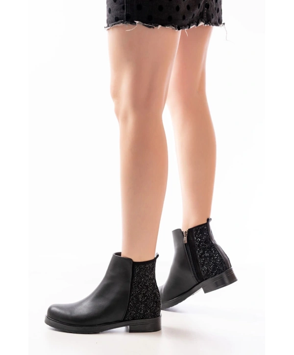 165-212 Siyah Taş Aksesuarlı Fermuarlı Günlük Kadın Bot