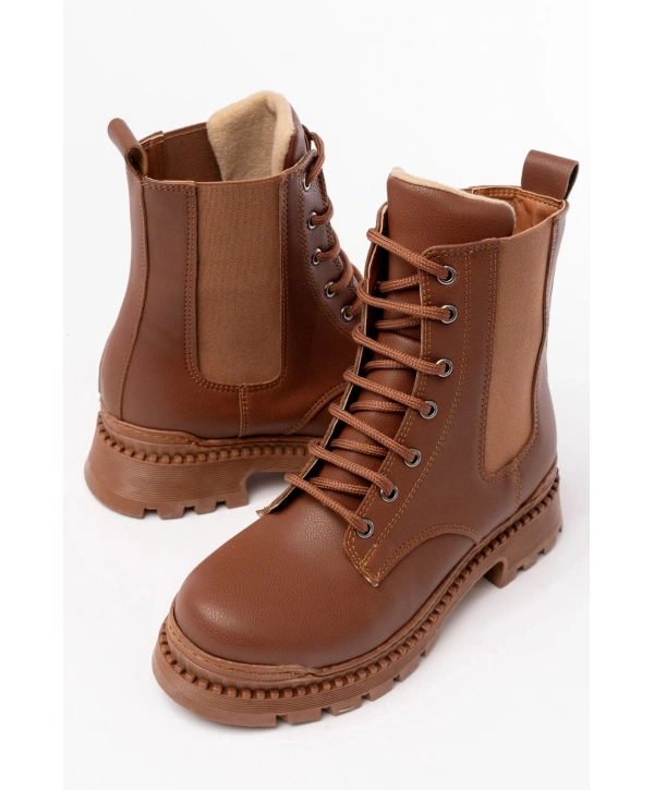 2051-298 Taba Düz Topuklu Bağcıklı Lastikli Günlük Kadın Bot