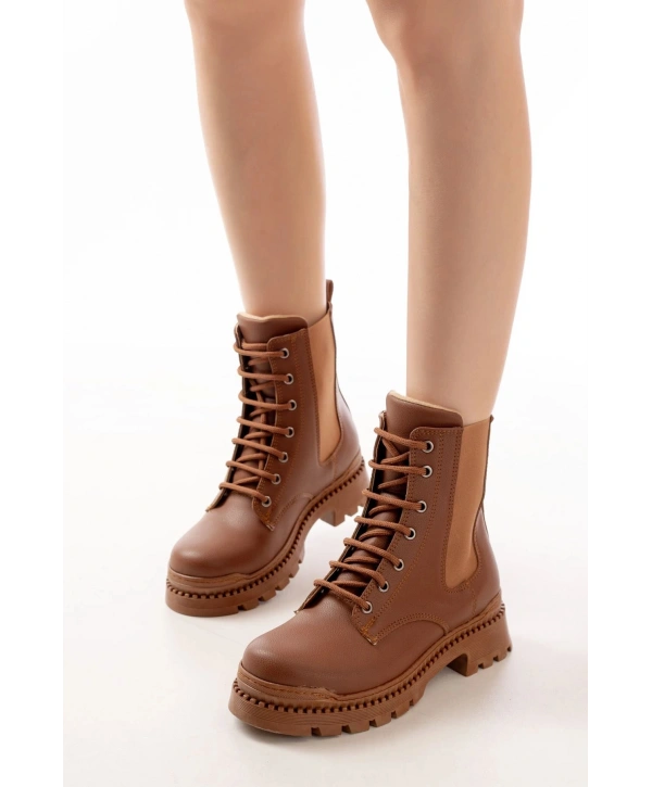 2051-298 Taba Düz Topuklu Bağcıklı Lastikli Günlük Kadın Bot