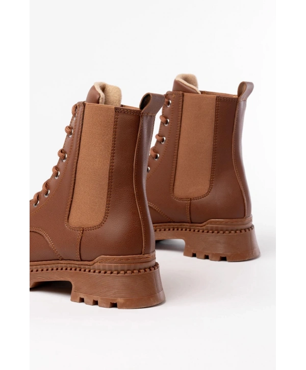 2051-298 Taba Düz Topuklu Bağcıklı Lastikli Günlük Kadın Bot