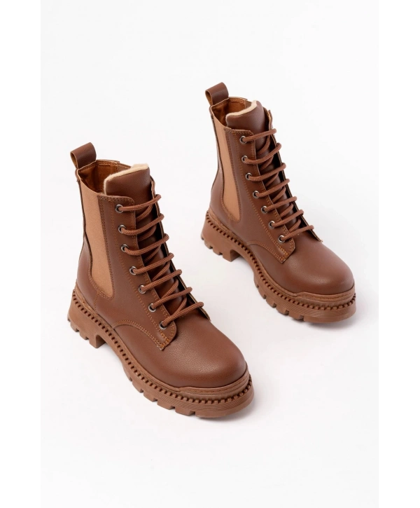 2051-298 Taba Düz Topuklu Bağcıklı Lastikli Günlük Kadın Bot