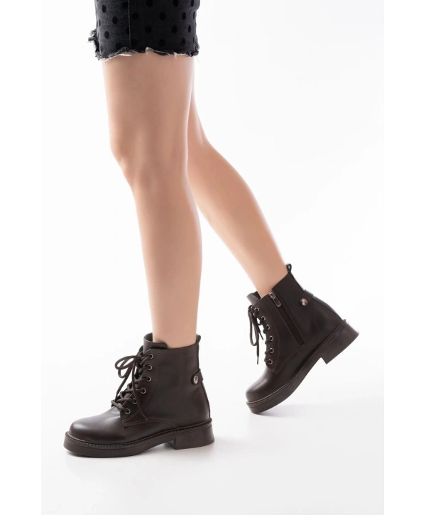 02-2003 Kahve Cilt Bağcıklı Fermuarlı Günlük Kadın Bot