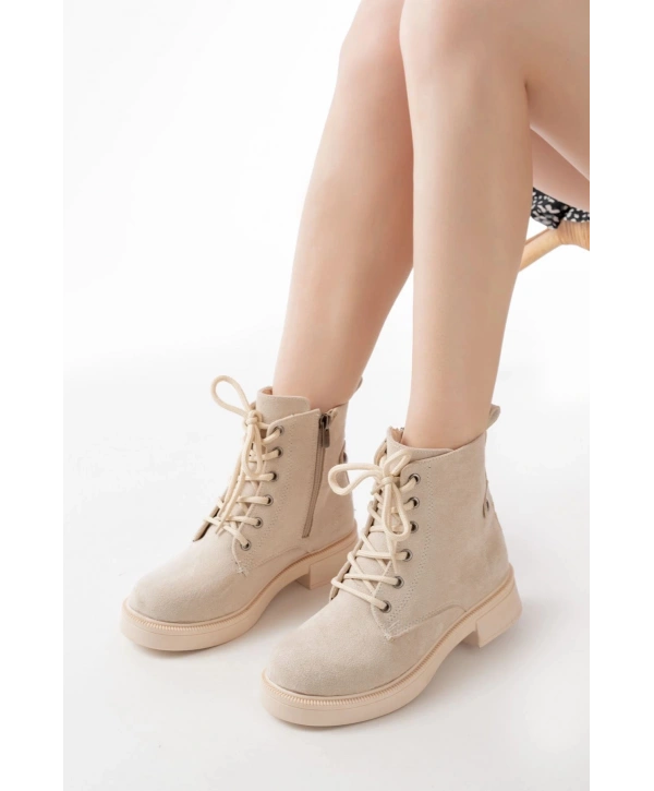 02-2003 Bej Süet Bağcıklı Fermuarlı Günlük Kadın Bot