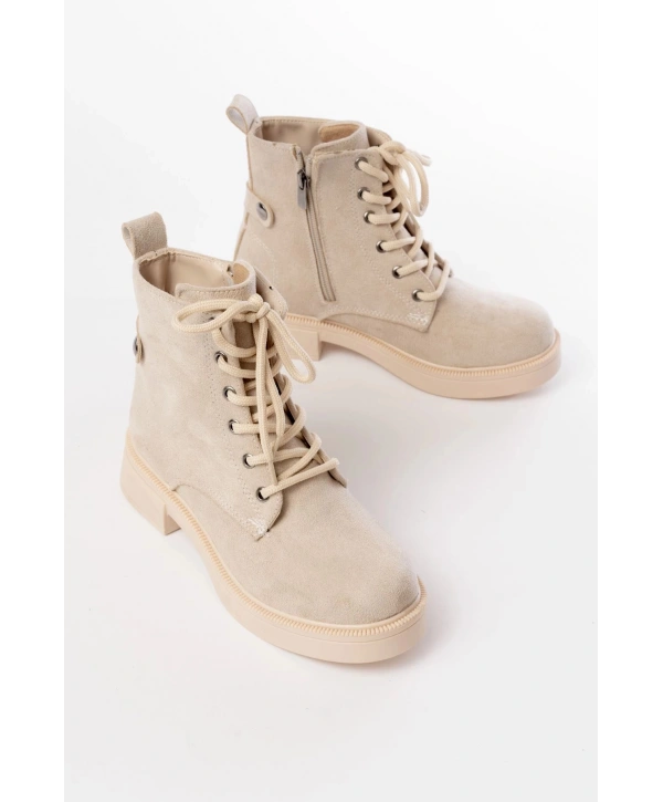 02-2003 Bej Süet Bağcıklı Fermuarlı Günlük Kadın Bot