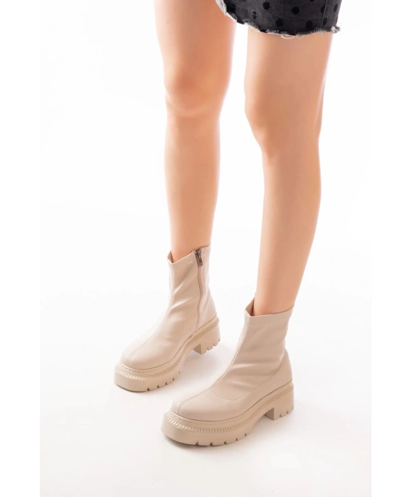 236-2011 Bej Streç Fermuarlı Günlük Kadın Bot