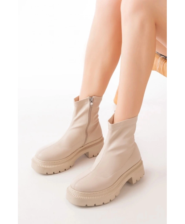 236-2011 Bej Streç Fermuarlı Günlük Kadın Bot