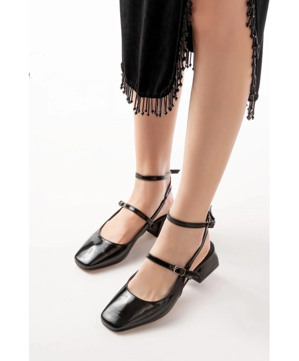 ST-003 Siyah Rugan Günlük 4 cm Topuklu Bayan Ayakkabı