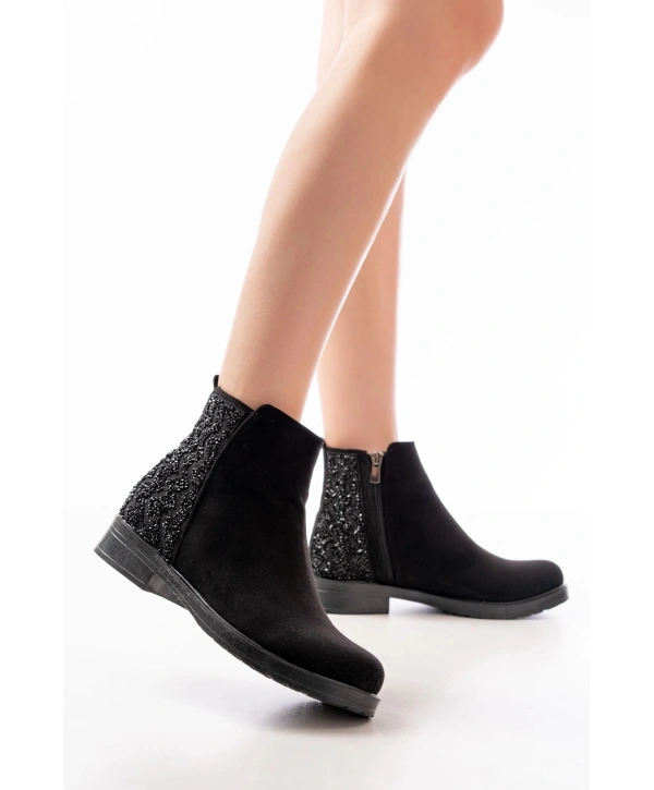 165-212 Siyah Süet Taş Aksesuarlı Fermuarlı Günlük Kadın Bot