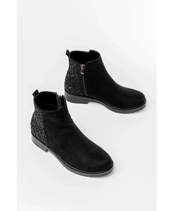 165-212 Siyah Süet Taş Aksesuarlı Fermuarlı Günlük Kadın Bot