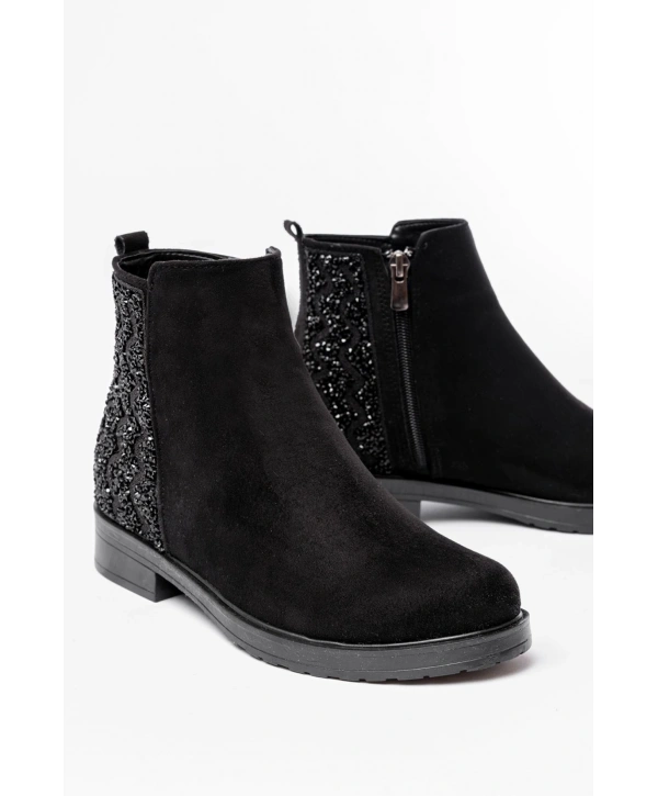 165-212 Siyah Süet Taş Aksesuarlı Fermuarlı Günlük Kadın Bot