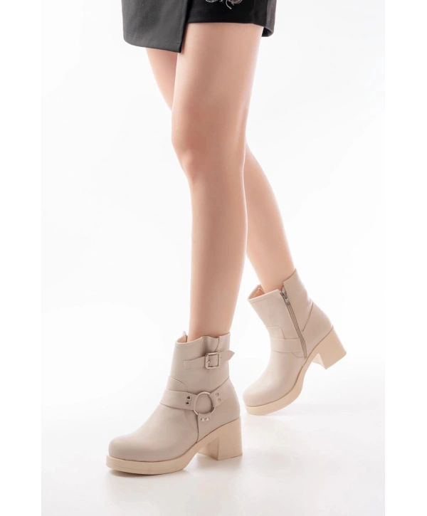 5109-3042 Bej Toka Aksesuarlı Fermuarlı Kalın Topuklu Günlük Kadın Bot