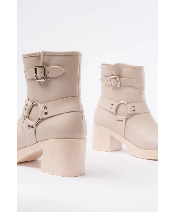 5109-3042 Bej Toka Aksesuarlı Fermuarlı Kalın Topuklu Günlük Kadın Bot