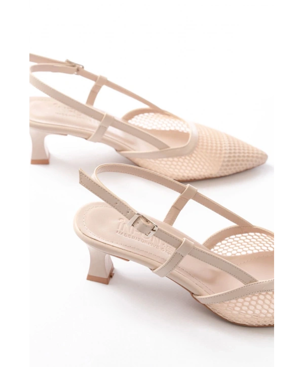 K-607 Bej Günlük Fileli Arkası Açık 7 cm Topuklu Bayan Ayakkabı