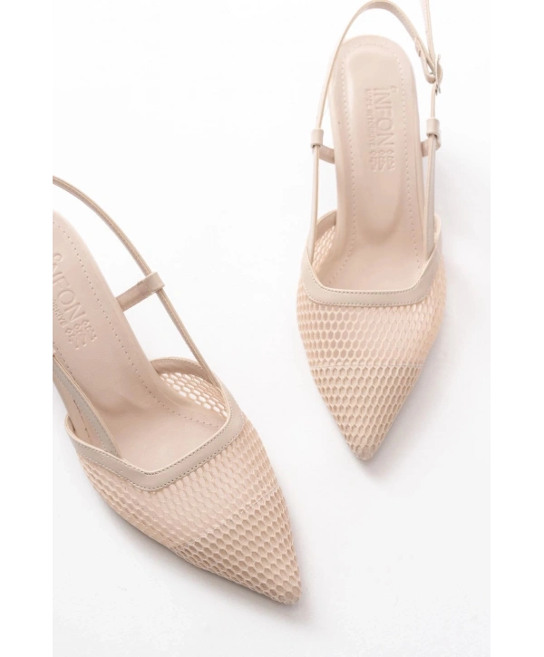 K-607 Bej Günlük Fileli Arkası Açık 7 cm Topuklu Bayan Ayakkabı