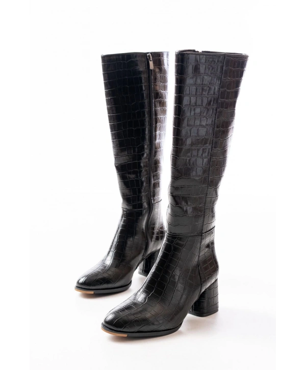 RS-2432 Siyah Kroko Topuklu Fermuarlı Günlük Kadın Çizme