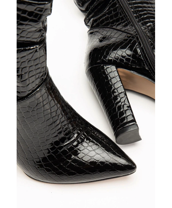 VRT-4815 Siyah Kroko Yüksek Kalın Topuklu Körüklü Fermuarlı Kadın Bot