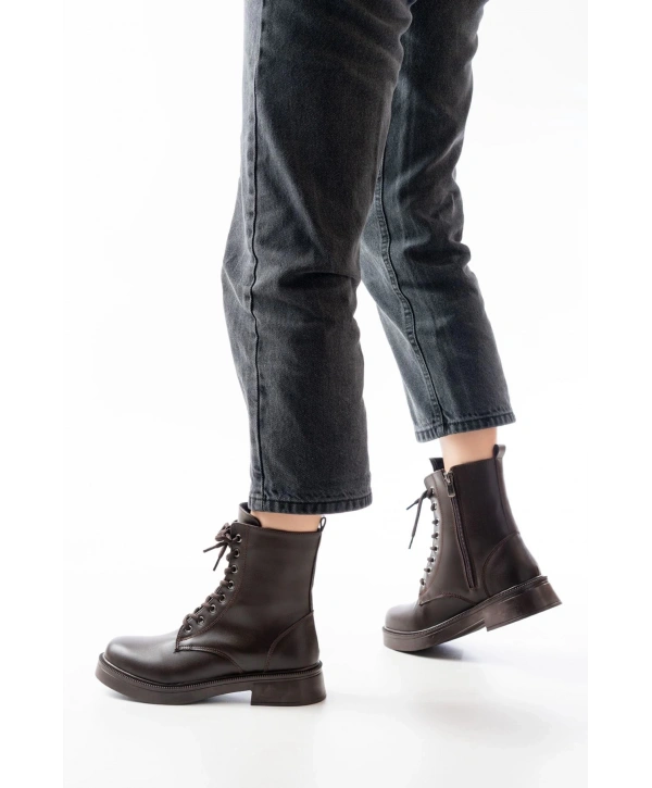 02-356 Kahve Düz Topuklu Bağcıklı Fermuarlı Günlük Kadın Bot