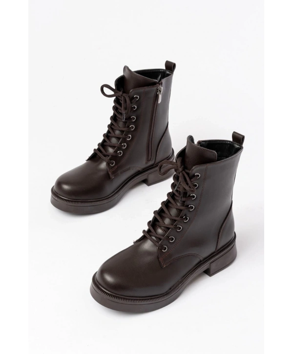 02-356 Kahve Düz Topuklu Bağcıklı Fermuarlı Günlük Kadın Bot