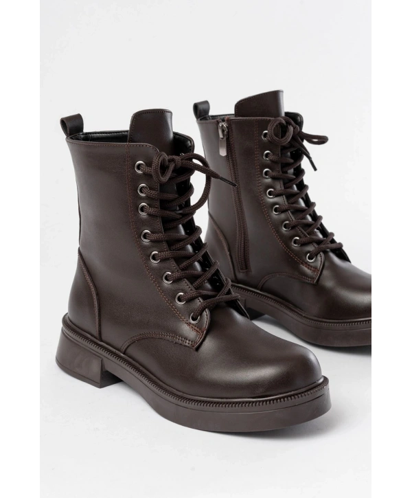 02-356 Kahve Düz Topuklu Bağcıklı Fermuarlı Günlük Kadın Bot