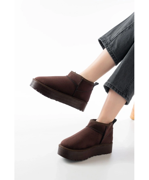 NDR-2850 Kahverengi Süet İçi Kürklü Kışlık Kapalı Burun Kadın Günlük Terlik