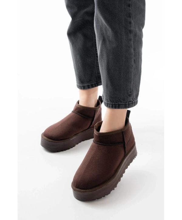 NDR-2850 Kahverengi Süet İçi Kürklü Kışlık Kapalı Burun Kadın Günlük Terlik