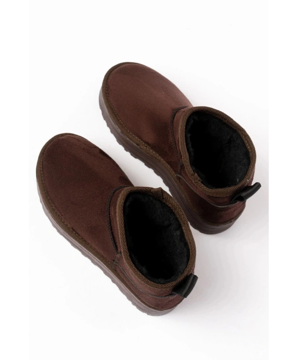 NDR-2850 Kahverengi Süet İçi Kürklü Kışlık Kapalı Burun Kadın Günlük Terlik