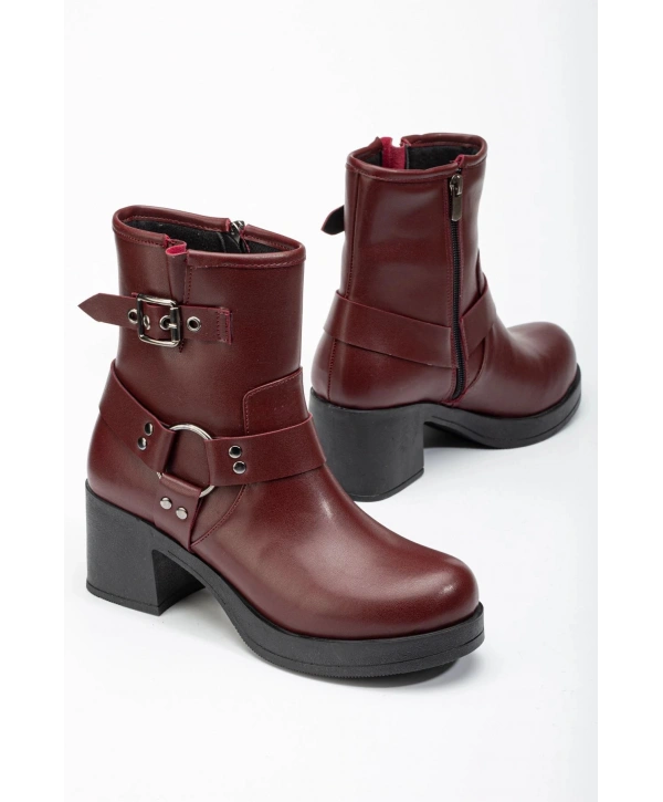 5109-3042 Bordo Toka Aksesuarlı Fermuarlı Kalın Topuklu Günlük Kadın Bot