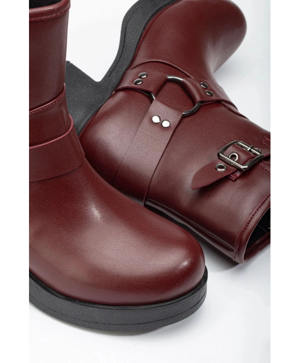 5109-3042 Bordo Toka Aksesuarlı Fermuarlı Kalın Topuklu Günlük Kadın Bot