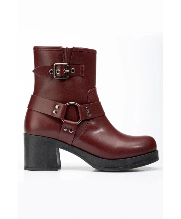 5109-3042 Bordo Toka Aksesuarlı Fermuarlı Kalın Topuklu Günlük Kadın Bot