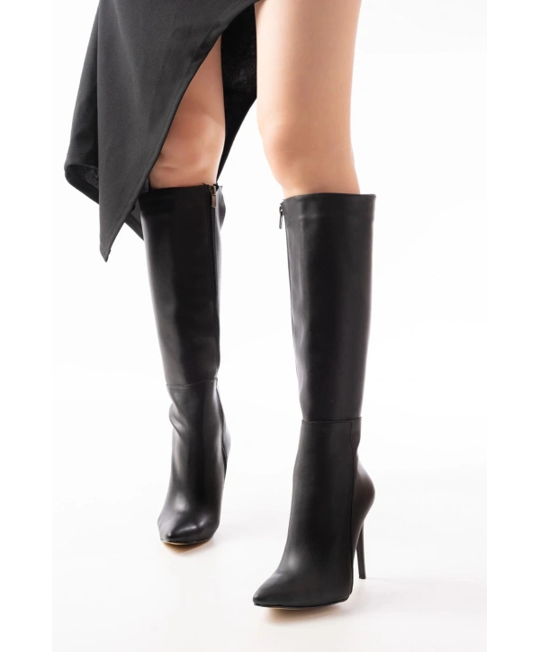 LS-226 Siyah Fermuarlı Lastikli İnce Yüksek Topuklu Kadın Çizme